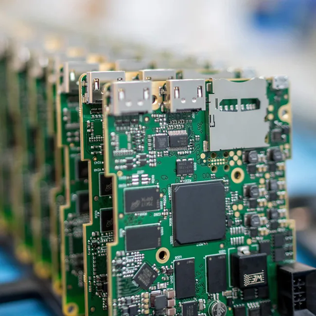 Populated green circuit boards with surface-mount components and connectors